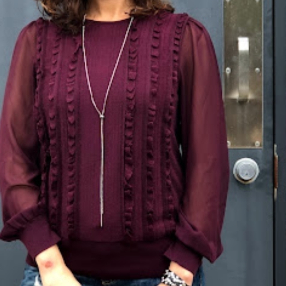 White House Black Market Plum Ruffle Wool Sweater Top S